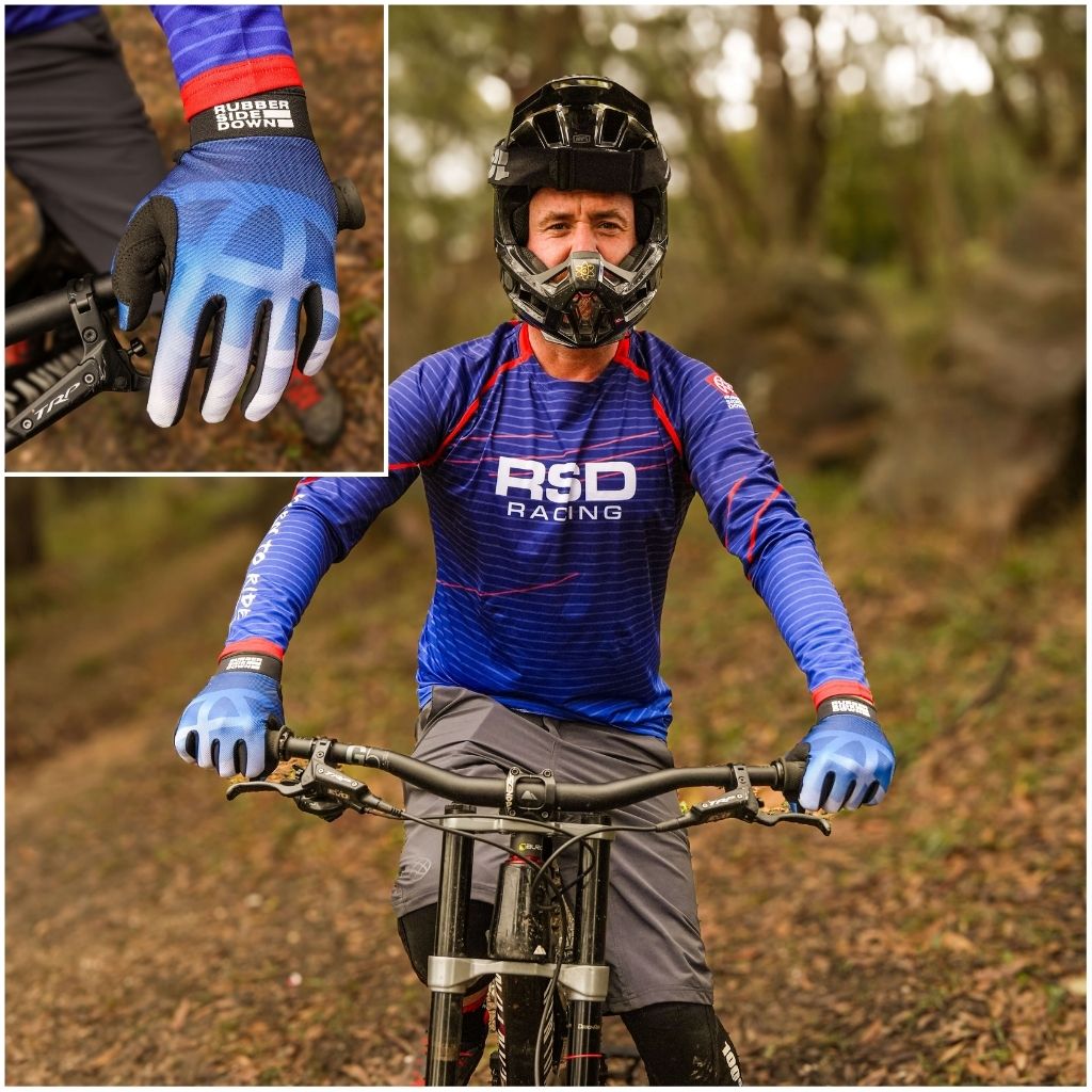 [All] Blue Gravity Pulse Jersey paired with Blue Element Gloves, rider on bike with matching kit