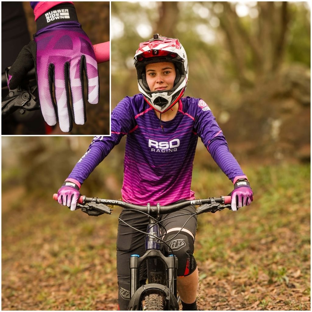 [All] Purple Gravity Pulse Jersey paired with Purple Element Gloves, rider on bike with matching kit